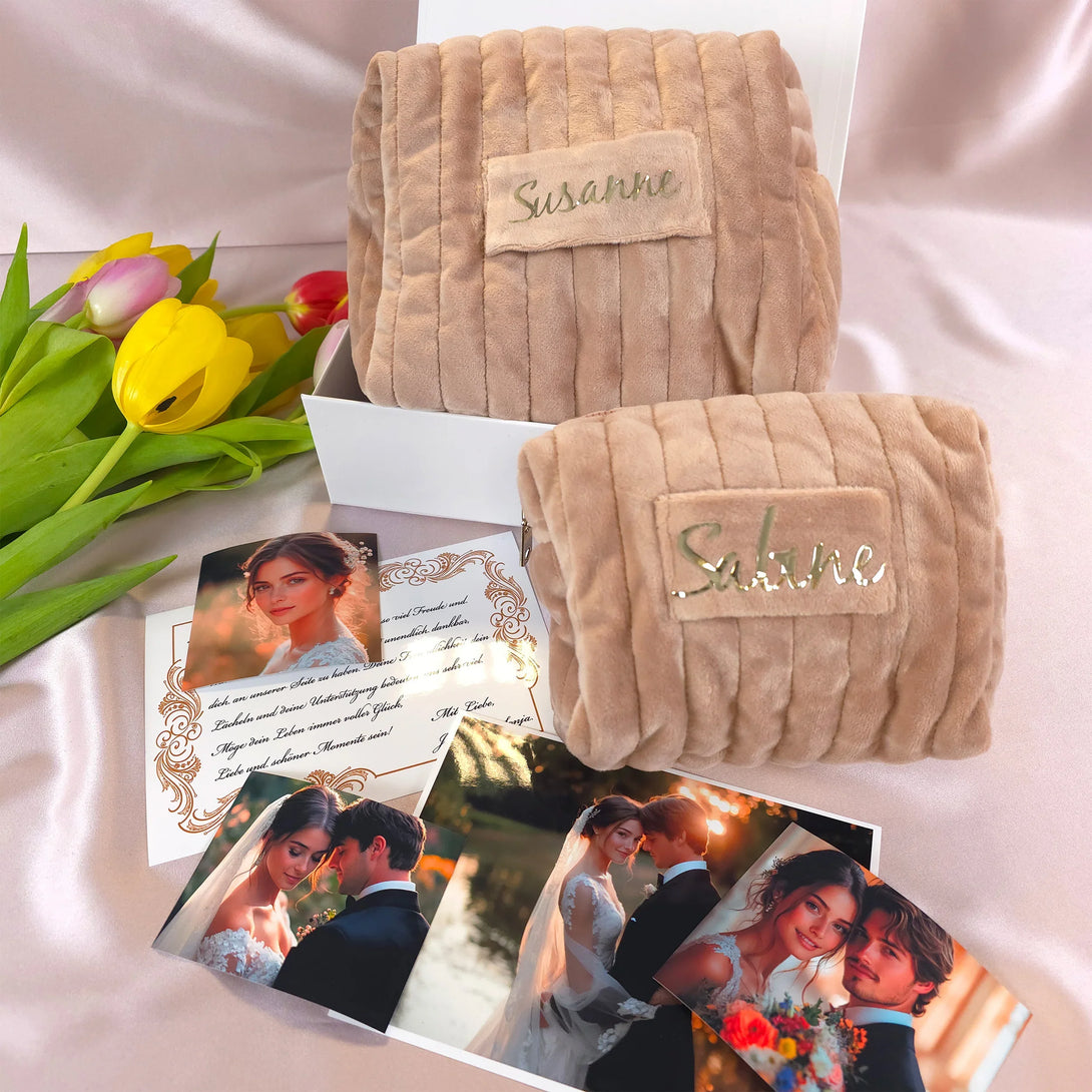 Personalized leather wallet and belt gift set for men in beige with gold name tags