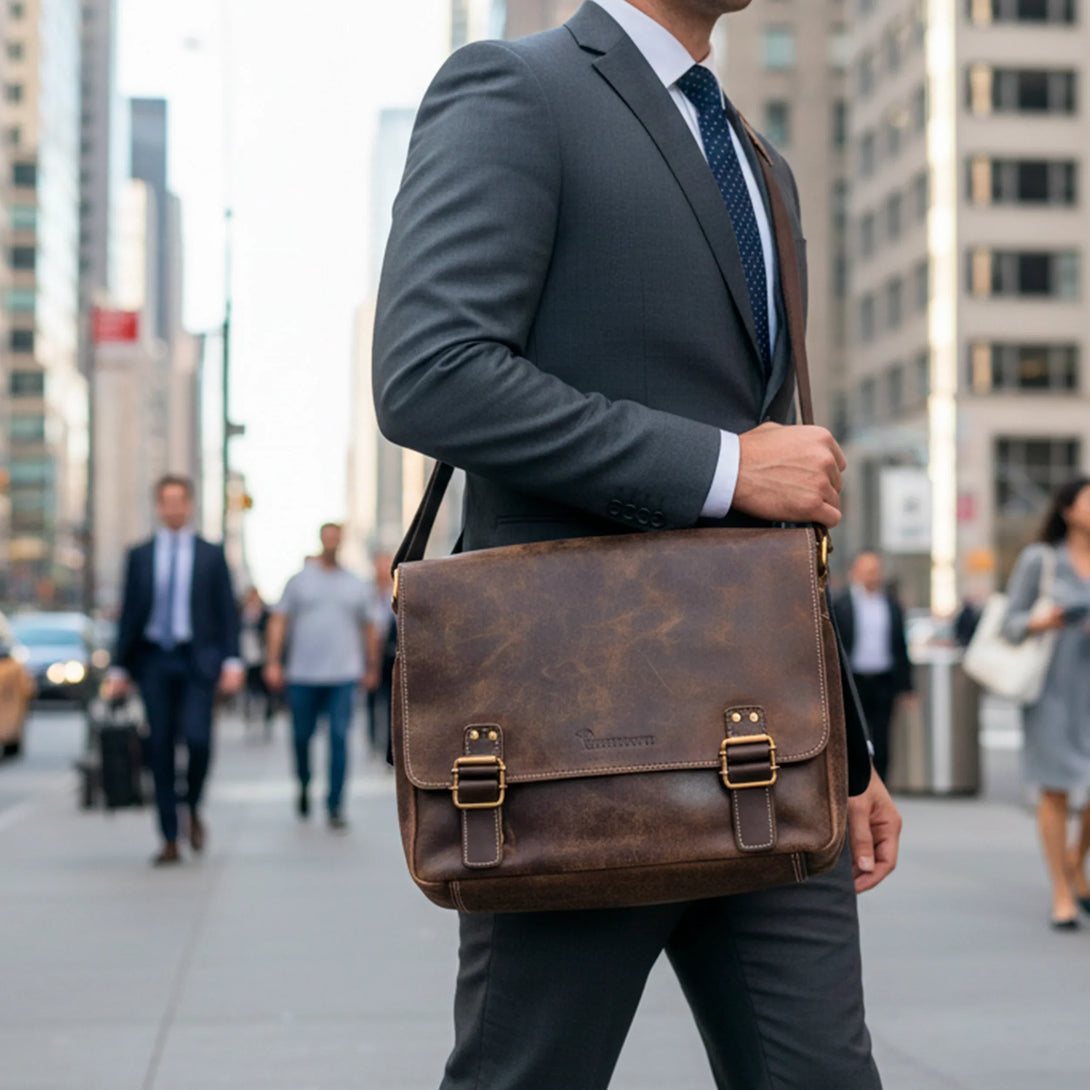 personalized leather wallet and belt gift set for men shown with man in urban street